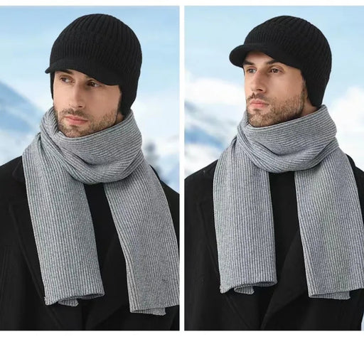 Digital Shoppy woolen cap – black ear protection hat worn in snowy mountain setting with grey scarf and black coat

