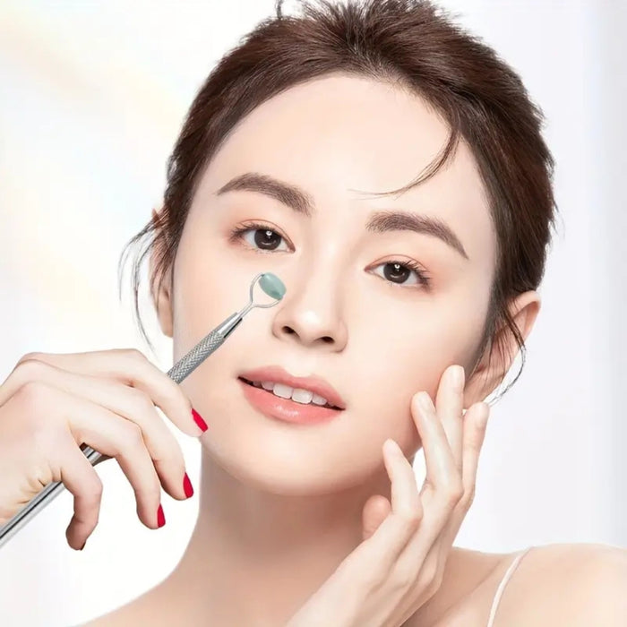 Jade Eye & Nose Massager – Dual-End Roller, Facial Circulation Tool, close-up of tool used near nose area for facial massage