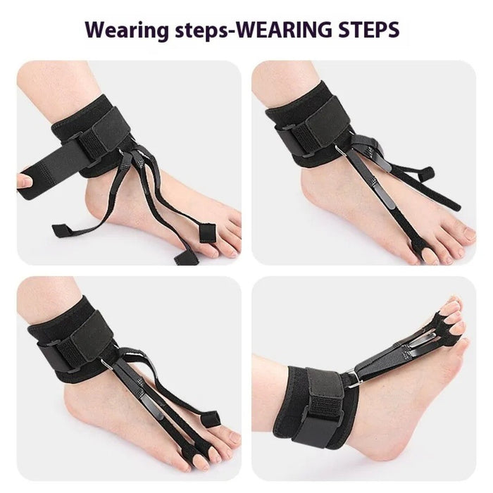 Podiatric toe straightener featuring customizable tension control via bendable and overlapping adjustment straps for optimal foot care.