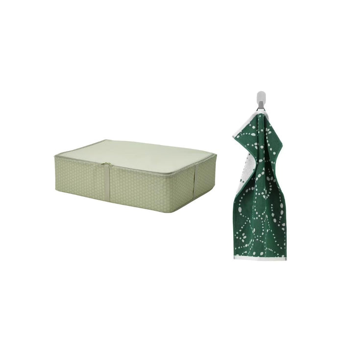 IKEA HEMMAFIXARE Storage case, flower/pale grey-green, 69x51x19 cm (27 ¼x20x7 ½) with AROMATISK Hand towel, green, 40x70 cm (16x28)