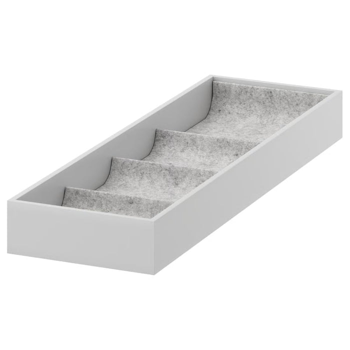 IKEA KOMPLEMENT insert with 4 compartments in light grey, shown flat with curved dividers and soft felt lining