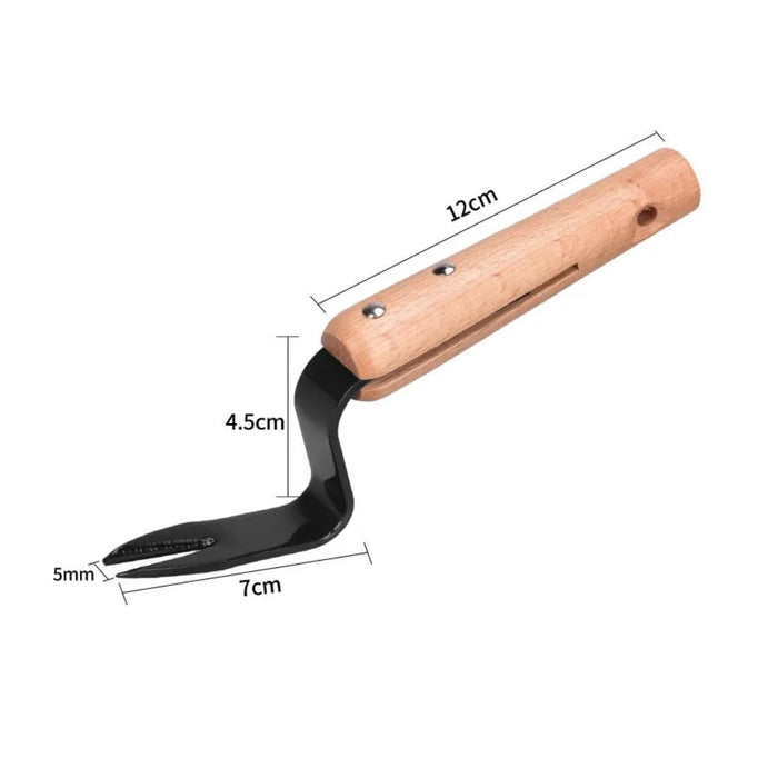 Gardening tool with wooden handle and black blade, showing measurements on a white background.