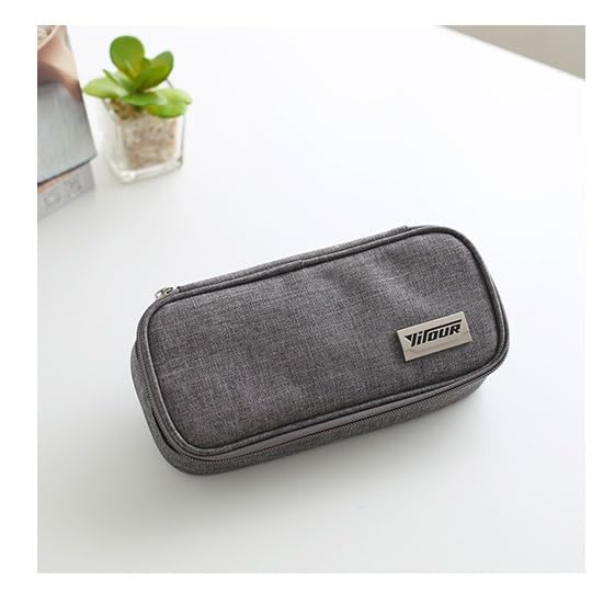Gray zippered pencil case with a ‘VIOUR’ label, placed on a white surface. Features a compact design for easy organization. Small potted plant in the background-31805412866898