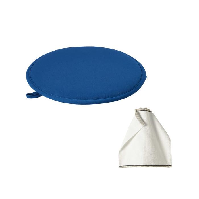 Ikea ÄNGSFRÄKEN Round Chair Pad, Blue, 36cm, Anti-Slip, Indoor & Outdoor with White Wash Cloth, 30x30 cm