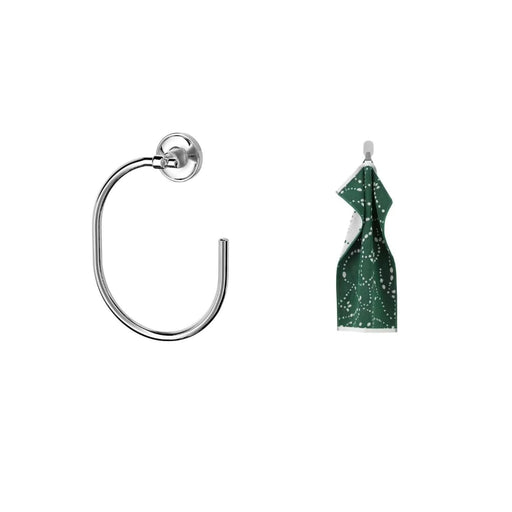 Metal towel hook with a green towel on a white background