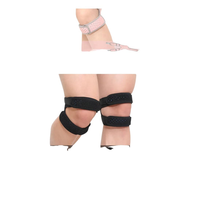 Black knee brace on a person's legs with a white background