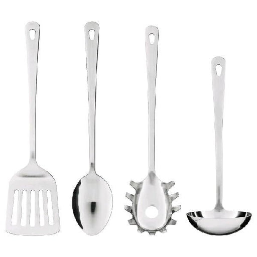 Set of four stainless steel kitchen utensils on a white background