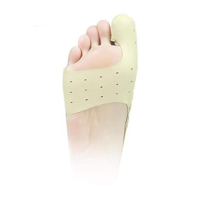 "Beige orthopedic big toe correction device with perforations for breathability, designed for day and night wear. Supports toe alignment, relieves pressure, and enhances comfort. Image shows the device fitted on the foot for demonstration.- 3851421239038
