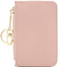 Pink wallet with gold zipper and keychain on a white background