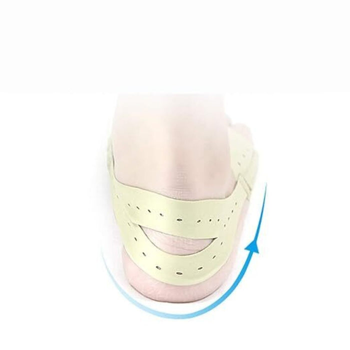 "Back view of a foot wearing a light green perforated sandal, designed for comfort and orthopedic support. A blue arrow curves around the heel, highlighting motion or flexibility.- 3851431239039

