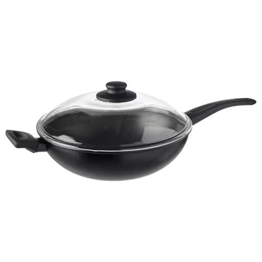 IKEA HEMLAGAD Wok with lid - Black, 28 cm. Versatile non-stick cooking essential for stir-frying and more.