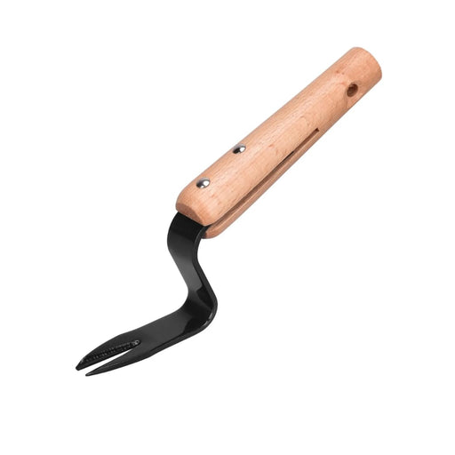 Gardening tool with black metal head and wooden handle on a white background