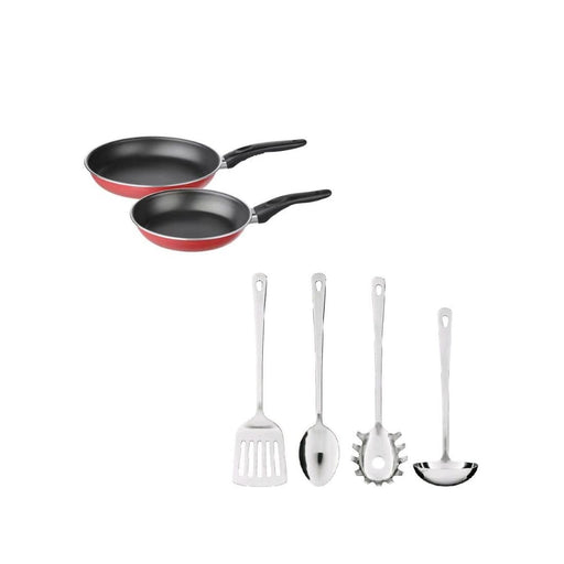 Two red frying pans with four kitchen utensils on a white background