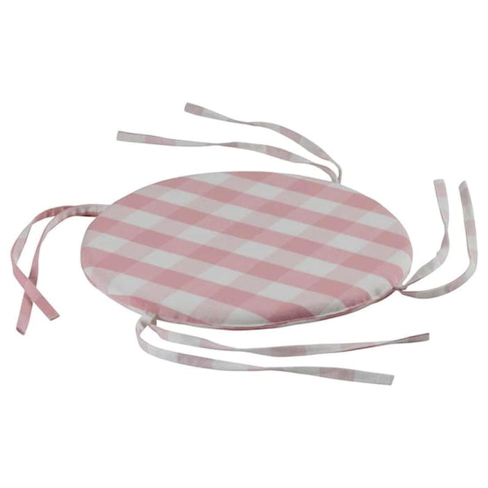 Round pink and white checkered cushion with straps on a white background