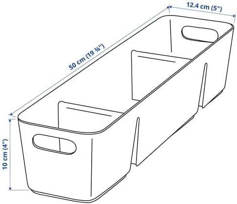 Outline of a rectangular storage bin with dimensions indicated