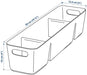 Outline of a rectangular storage bin with dimensions indicated