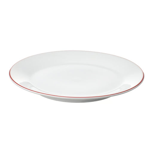 White plate with a red rim on a white background