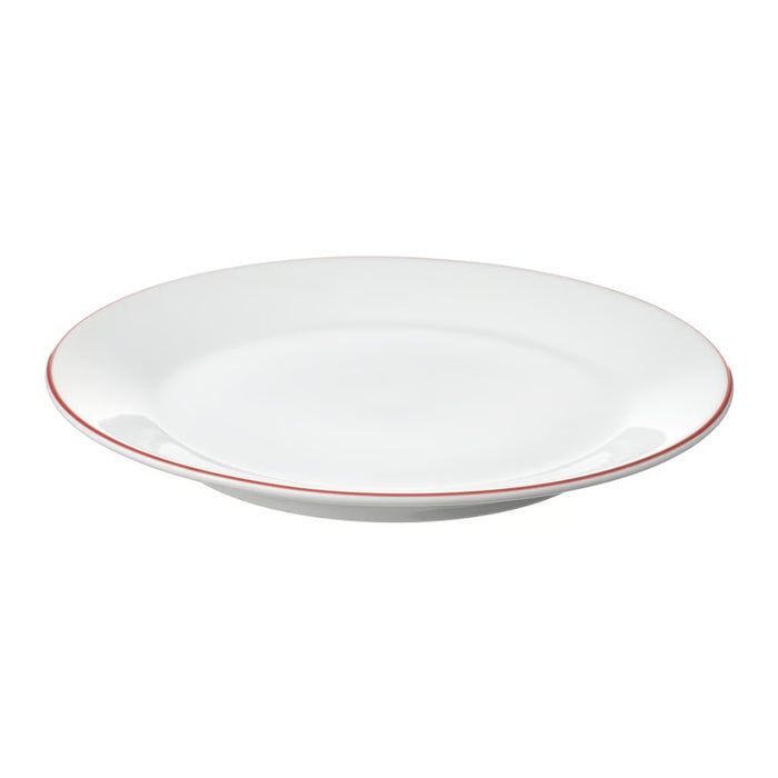 White plate with a red rim on a white background