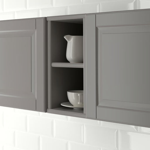 Compact grey cabinet with two compartments, open front, and clean-lined design for wall storage.

