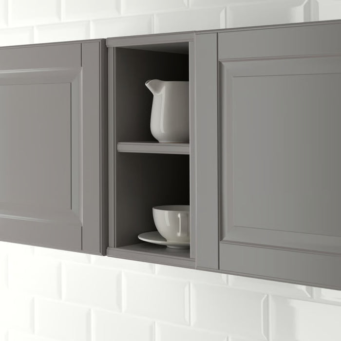 Compact grey cabinet with two compartments, open front, and clean-lined design for wall storage.

