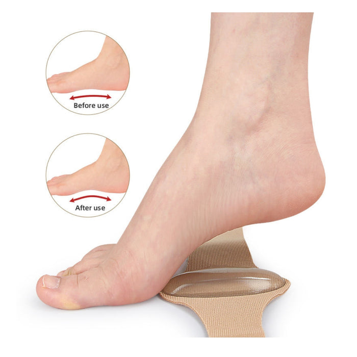 Foot with a heel cushion showing before and after use on a white background