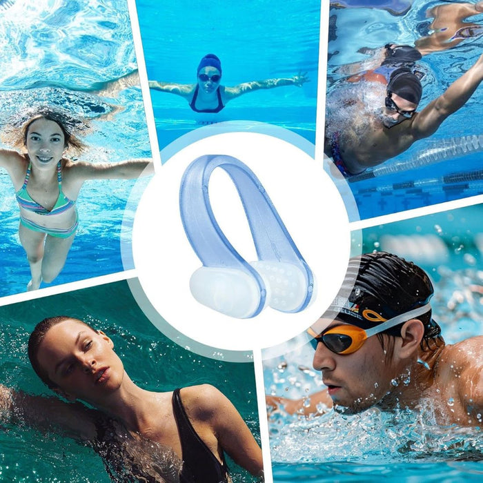 Collage of swimmers using translucent blue nose clip in various pool activities - 