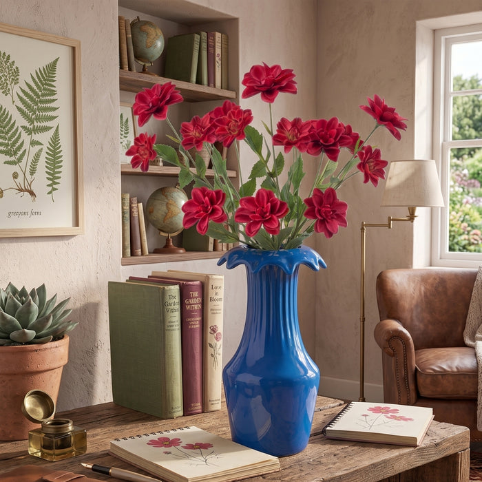 IKEA SMYCKA Artificial Flower Dahlia Dark Pink 66 cm with KARISMATISK Vase Blue 23 cm — Bold Floral Décor Combo