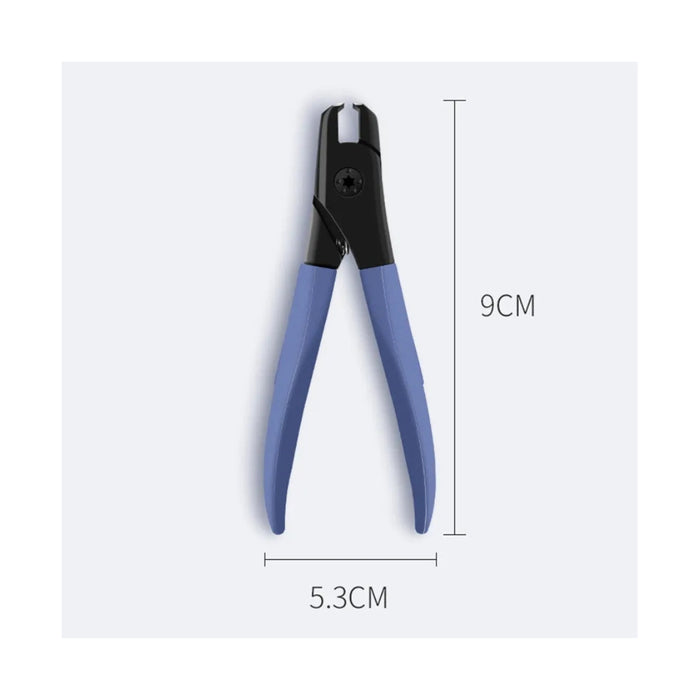 Pair of blue pliers with black handles on a white background, showing measurements.
