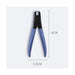 Pair of blue pliers with black handles on a white background, showing measurements.