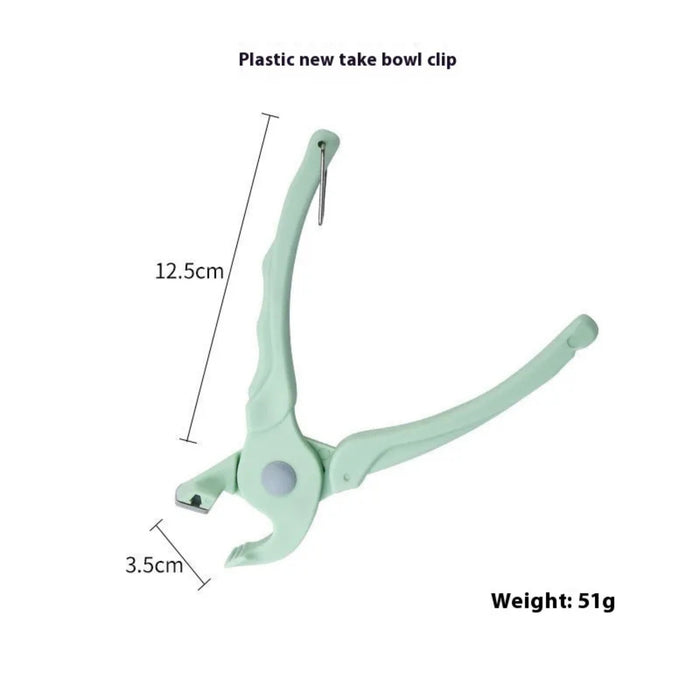 Green plastic clip with measurements and weight information on a white background