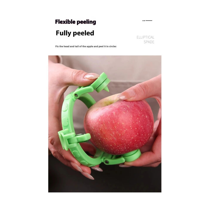 Green apple peeler tool being used on a red apple with text indicating features.