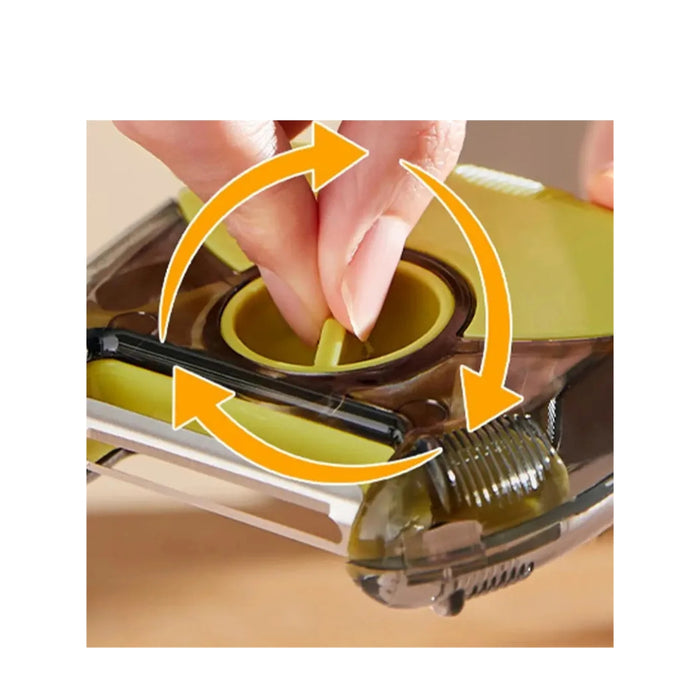 Close-up of a hand using a kitchen tool with arrows indicating the action.