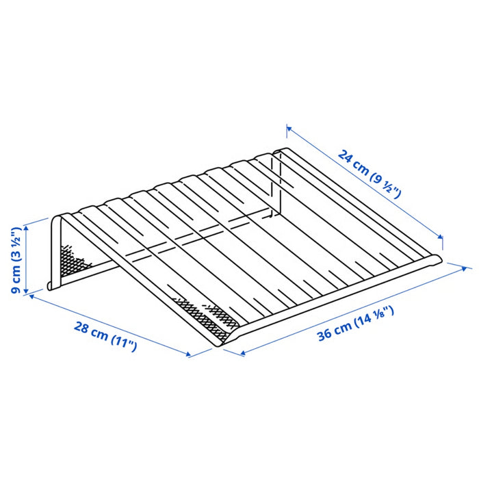 Measurement chart of a metal shelf with dimensions labeled