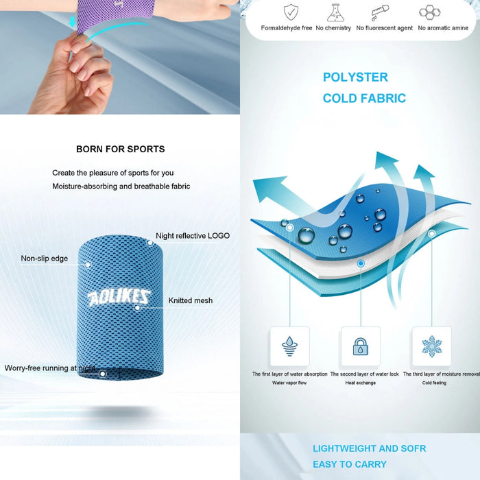 Promotional layout of polyester cold fabric wristband designed for sports use—features labeled include non-slip edge, night reflective logo, and knitted mesh; diagram illustrates fabric’s triple-layer construction for water absorption, heat exchange, and moisture removal—emphasizes benefits like breathability, cooling sensation, and lightweight portability—also notes formaldehyde-free and chemical-free materials – 1598448414242 12718537.