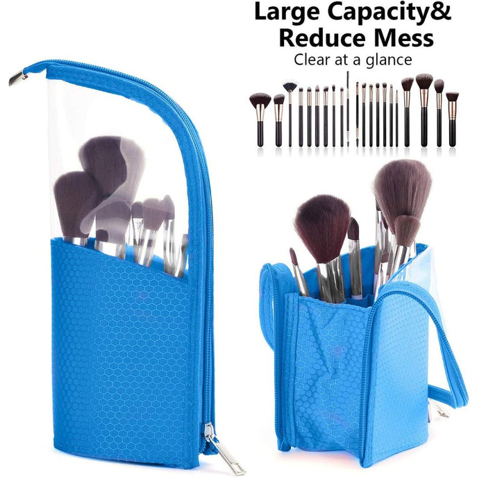 Blue makeup brush holder with brushes and text 'Large Capacity & Reduce Mess' on a white background