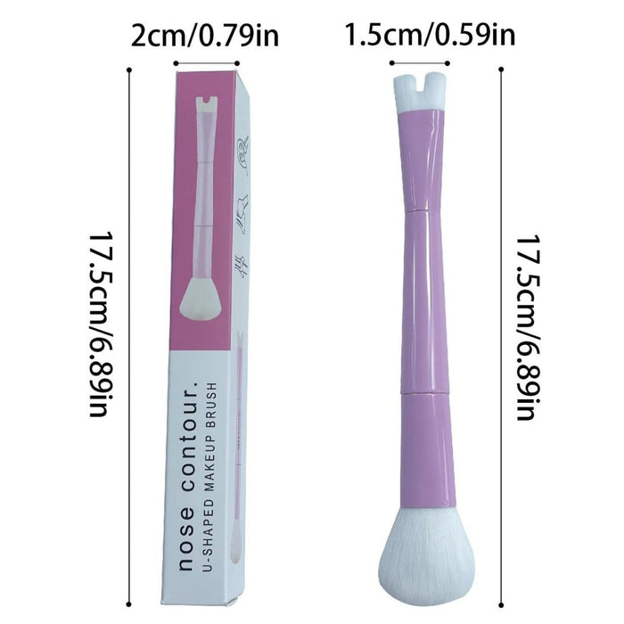Nose contour U-shaped makeup brush with packaging, showing dimensions on a white background.
