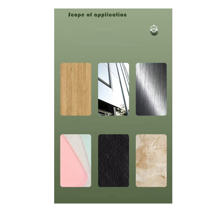 Display card with various material samples on a green background
