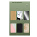 Display card with various material samples on a green background