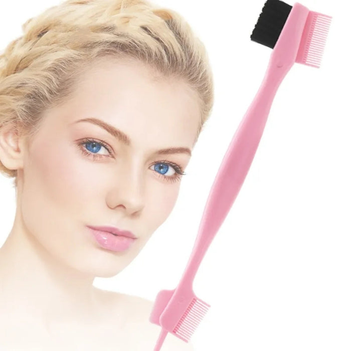 Pink hairbrush with black bristle end held by a person with blonde hair and blue eyes.