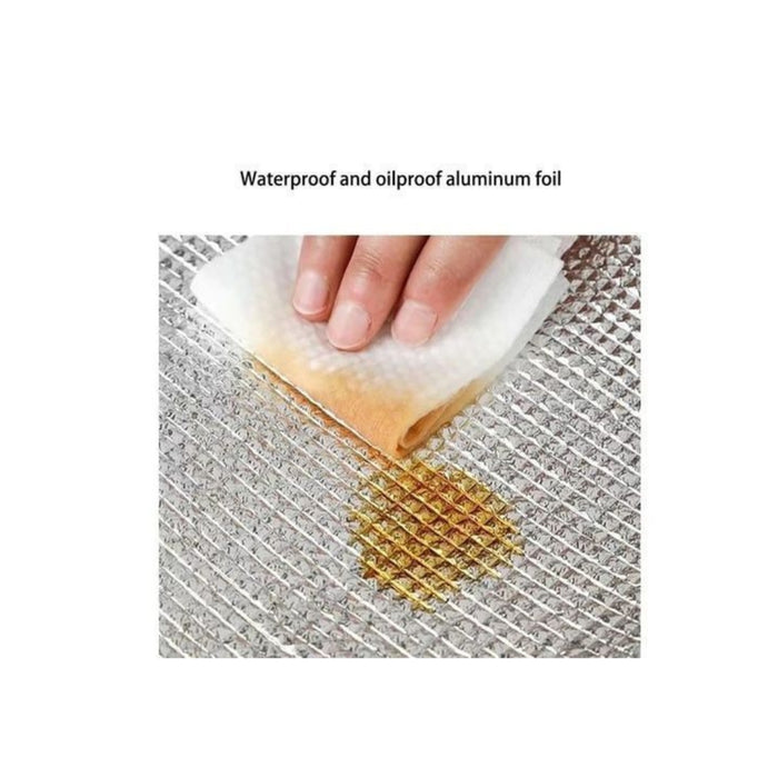 Aluminum foil being used to cover a surface with a hand applying it, on a white background.