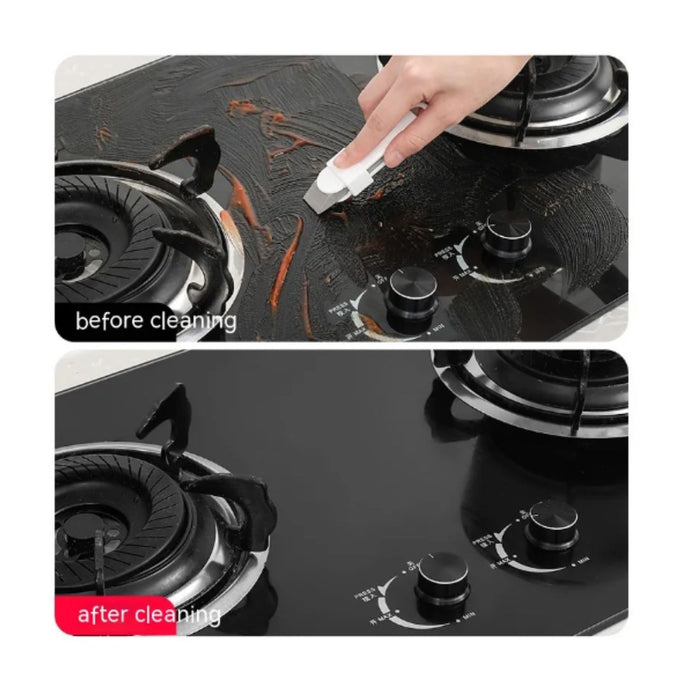 Before and after cleaning comparison of a black stovetop.
