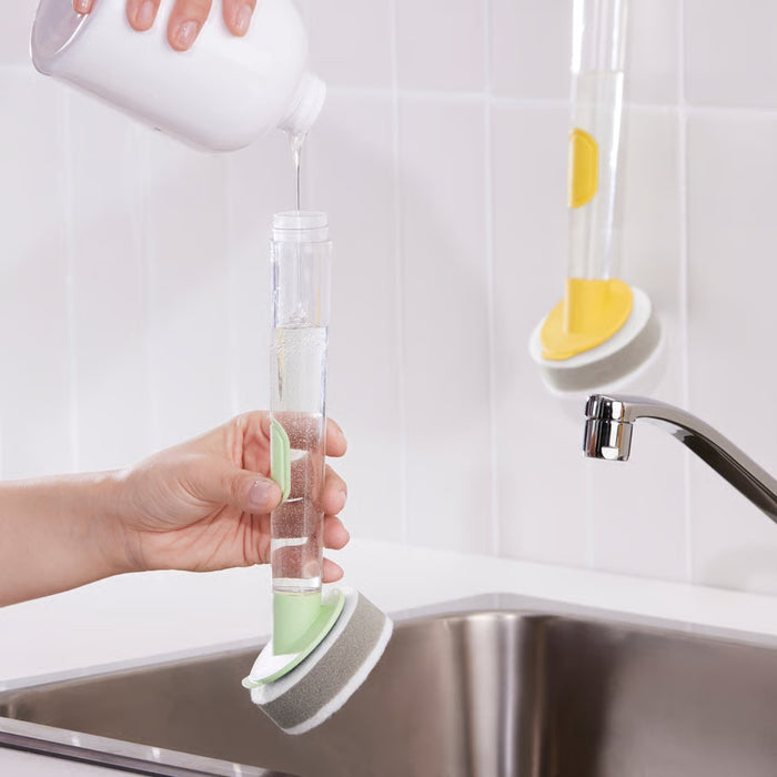 
IKEA VIDEVECKMAL 3-piece dish sponge set with dispenser, light green

The IKEA VIDEVECKMAL dish sponge set makes washing dishes more convenient. This 3-piece set includes a clear dispenser handle in a fresh light green, allowing you to easily see the soap level and refill when needed. As illustrated, you can simply pour your dish soap directly into the handle