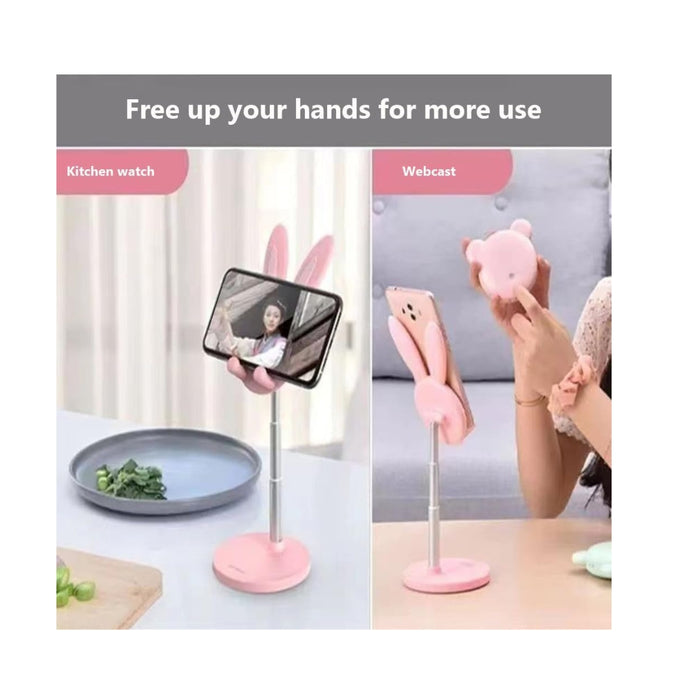 Pink bunny-shaped phone stand with smartphone on a kitchen counter and another person using it for a webcam setup.
