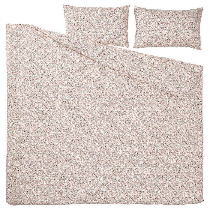 “Soft cotton duvet cover and pillowcases in white with delicate red, pink, and green floral pattern, 240x220/50x80 cm.”

