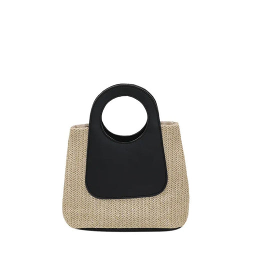 Digital Shoppy Stylish straw handbag with black circular handle and beige woven body featuring herringbone texture