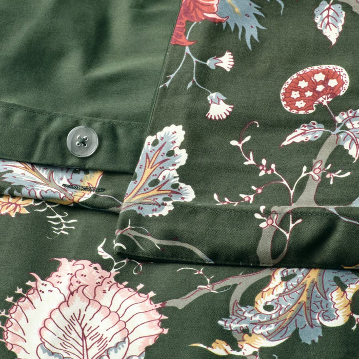 Close-up of a green fabric with floral and abstract patterns