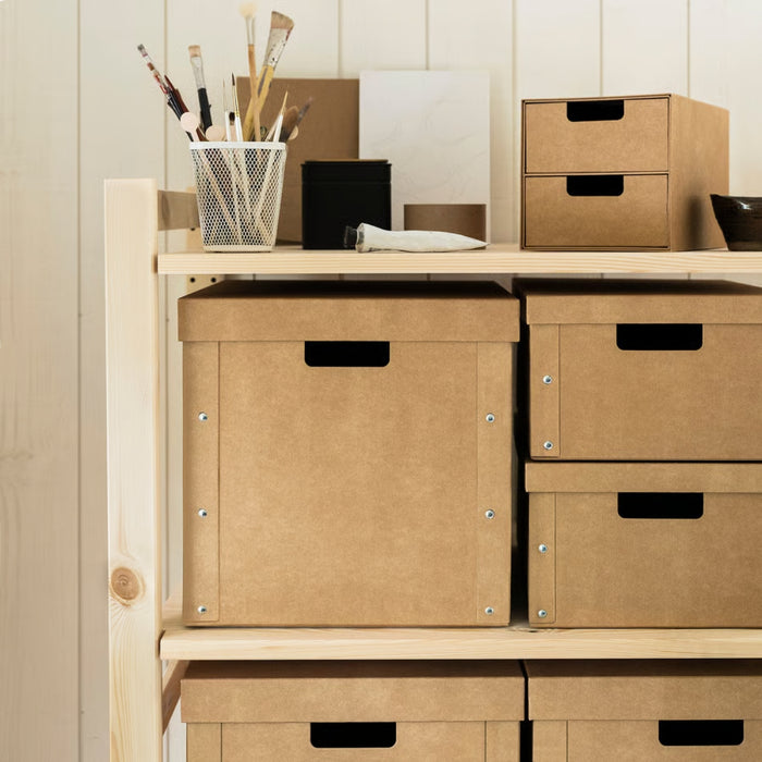 IKEA GÄRDESGÅRD storage box – wooden shelf with stacked cardboard organizers and art supplies-30596956