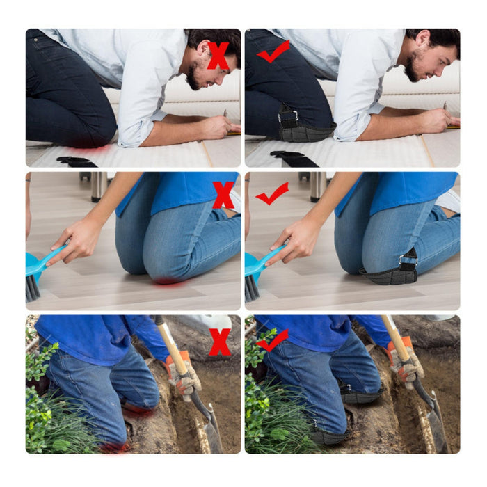Step-by-step guide on proper and improper ways to use tools, with a person kneeling and using a tool.