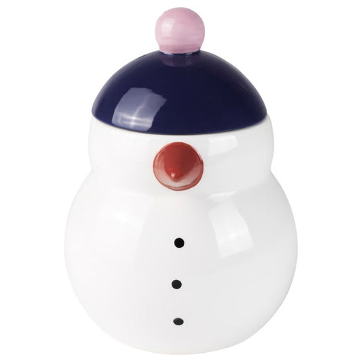 Snowman-shaped container with a navy blue hat and red mouth on a white background