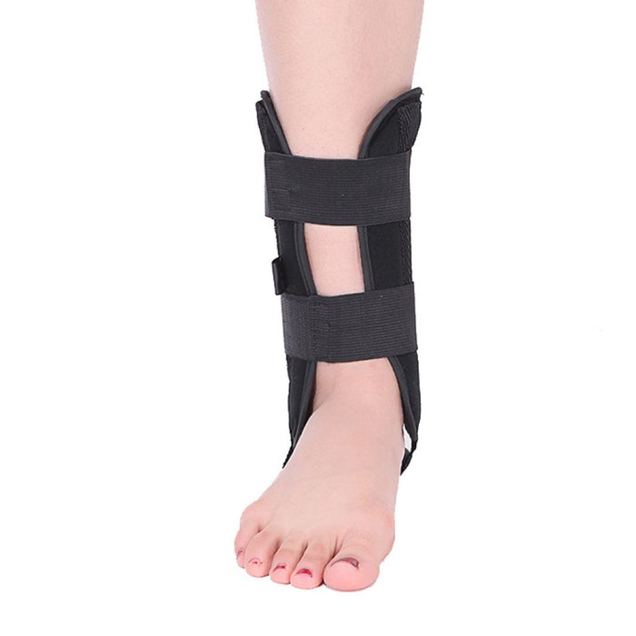 A rigid ankle splint with a cushioned interior, secured by adjustable straps to limit movement during healing.